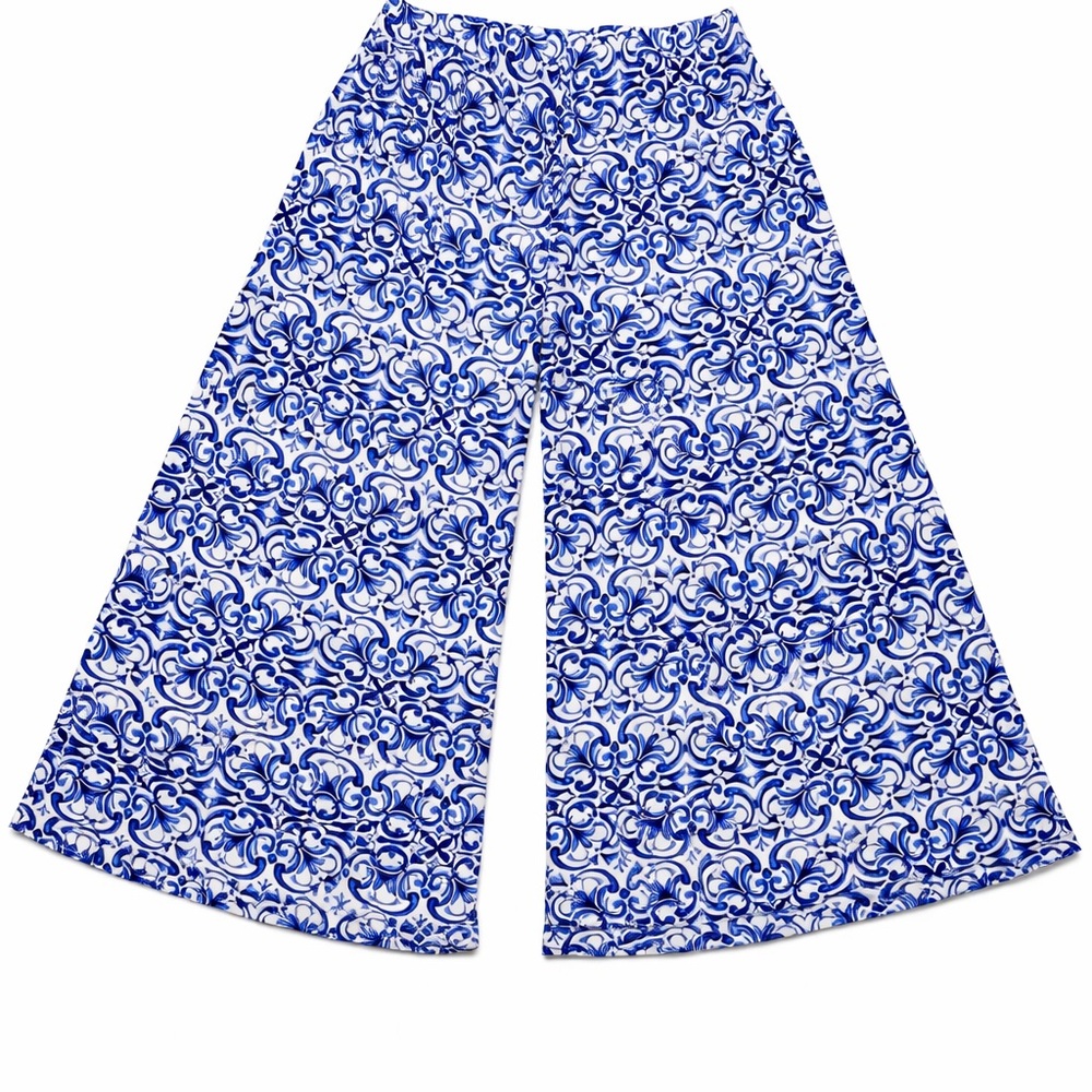 Vince Camuto Blue & White Medallion Print Wide Leg Palazzo Pants - Size L - Picture 6 of 11